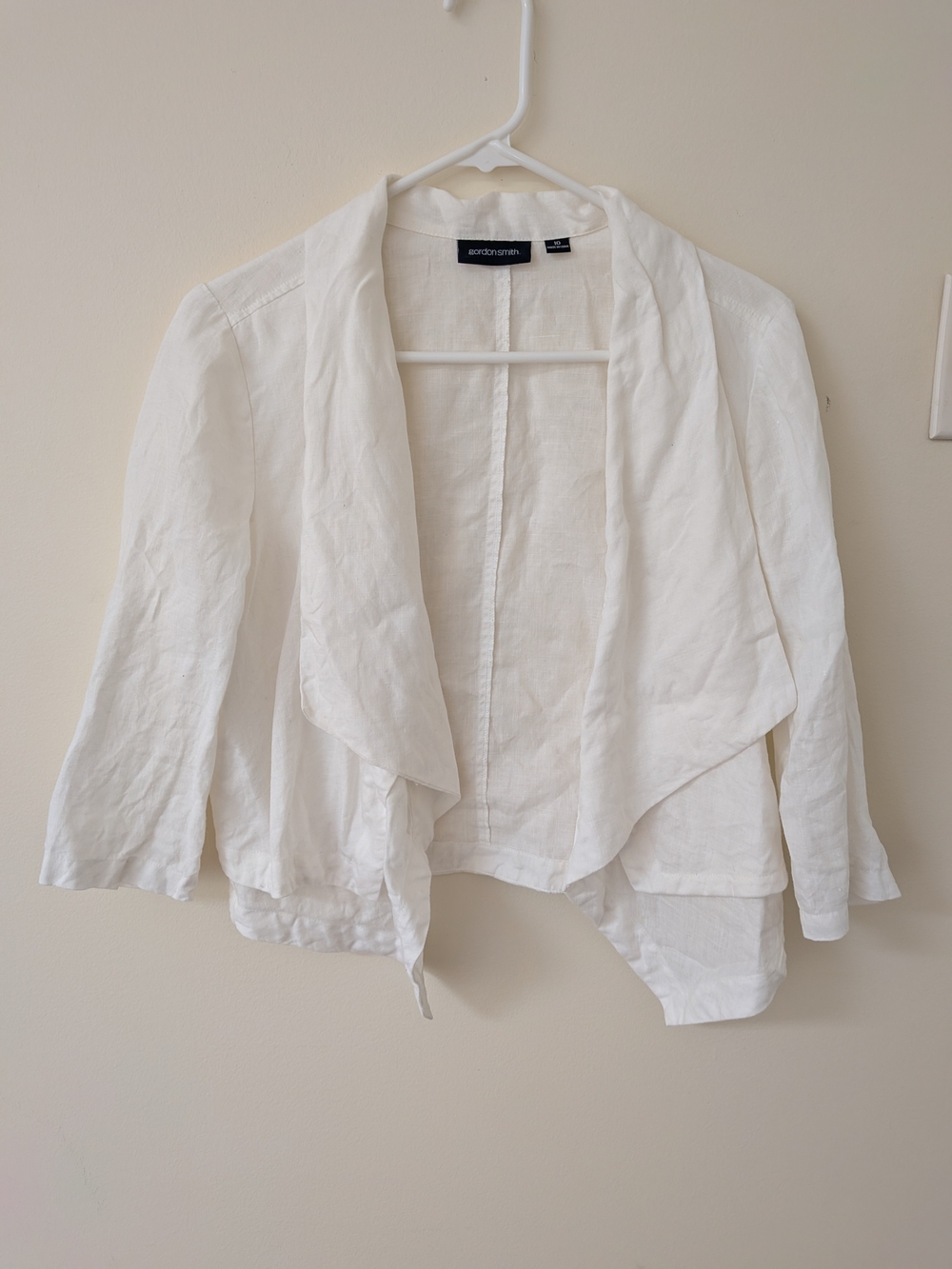 GORDON SMITH White 100% Linen Waterfall Draped Open Jacket – Size 10